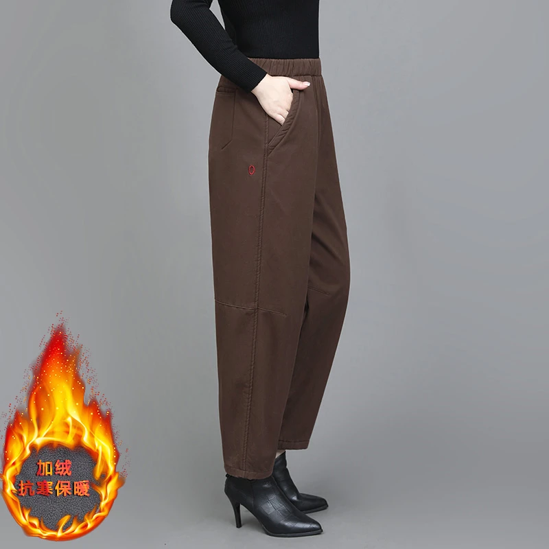 精梳棉加绒加厚保暖显瘦垂感哈伦裤女2024新款松紧高腰宽松休闲裤