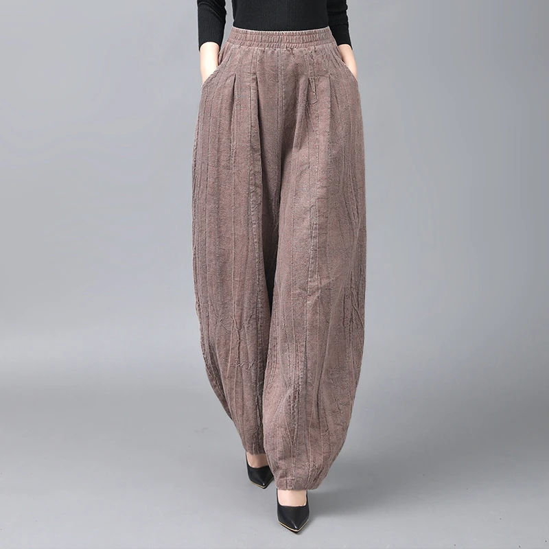 苎麻女裤灯笼裤秋冬2024新款高腰哈伦裤复古炒色做旧宽松香蕉裤