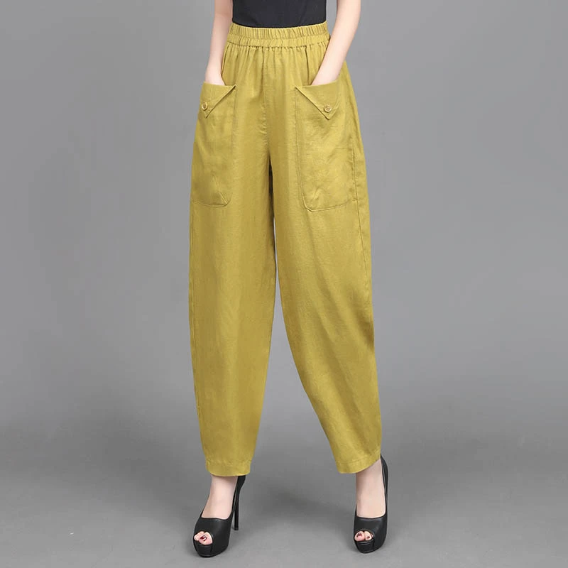 100%亚麻阔腿裤女2025春秋款休闲高腰九分裤小个子宽松哈伦萝卜裤