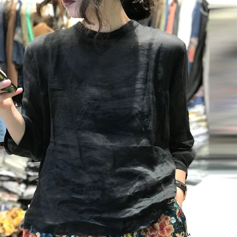原创苎麻半高领手工刺绣上衣2023春夏新款宽松显瘦优雅棉麻衬衣女