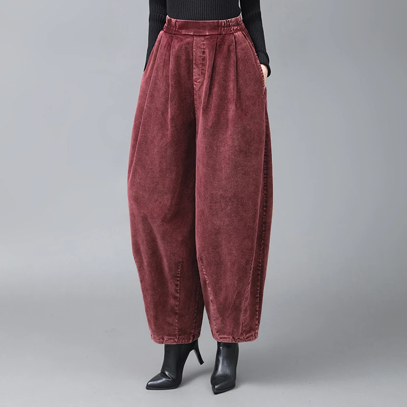 2025新款春季灯芯绒哈伦裤女炒雪花工艺弹力宽松大码休闲灯笼裤