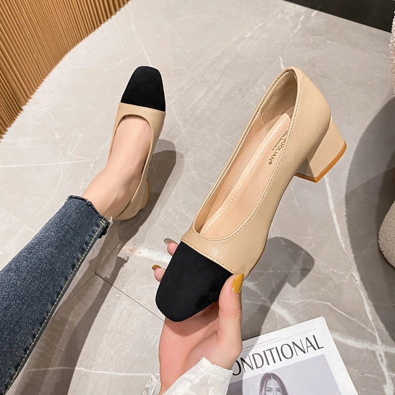 拼色粗跟单鞋女法式中跟2025新款春季小香风浅口工作方头高跟瓢鞋