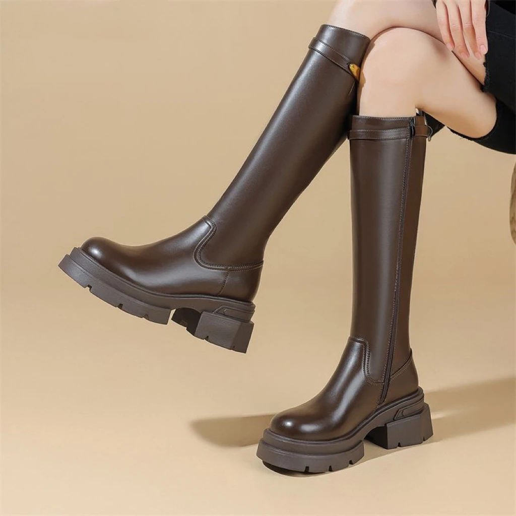 英伦风骑士靴长靴女2025秋冬厚底百搭高筒靴加绒时尚小个子女靴