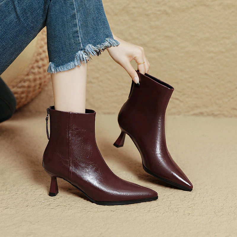 尖头短靴女2025年秋冬新款安可拉红高跟女靴细跟中筒法式瘦瘦靴