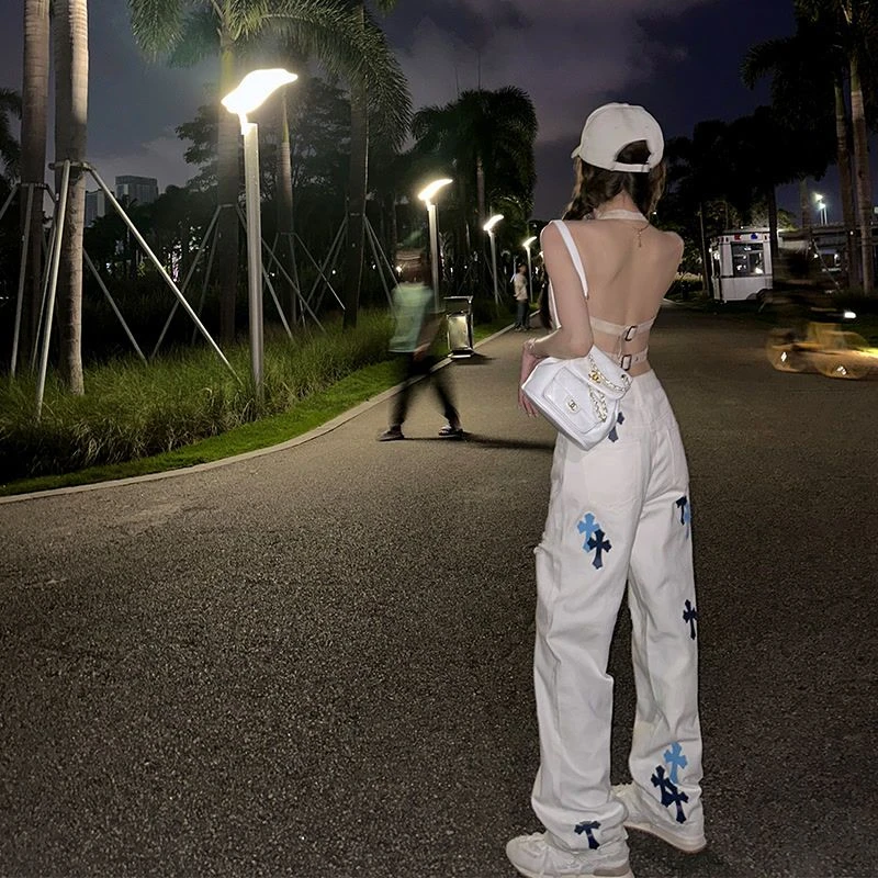 美式街头贴皮十字架长裤子夏季高街潮牌宽松喇叭破洞牛仔长裤男女