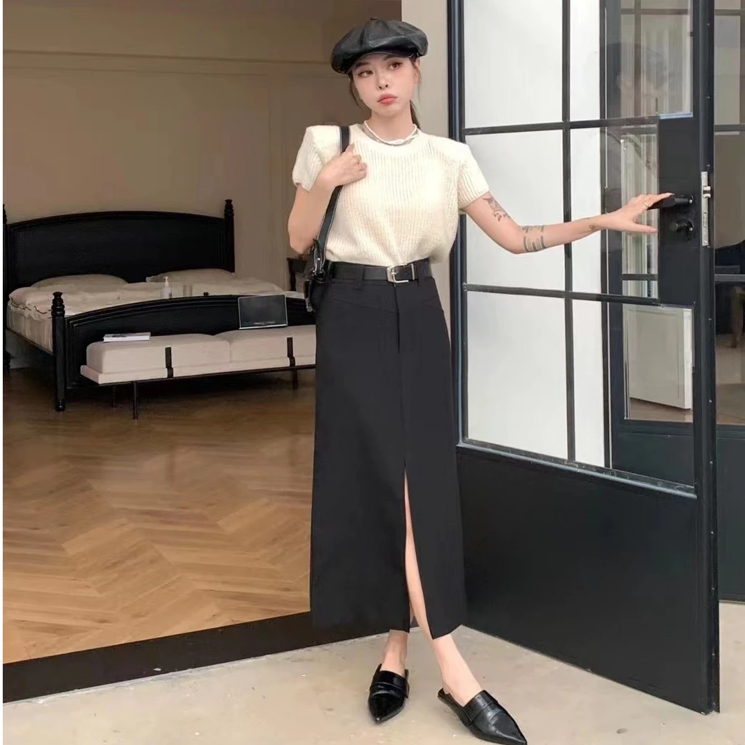 2023年秋新款韩系气质高腰修身直筒开叉西装裙半身裙潮休闲显瘦