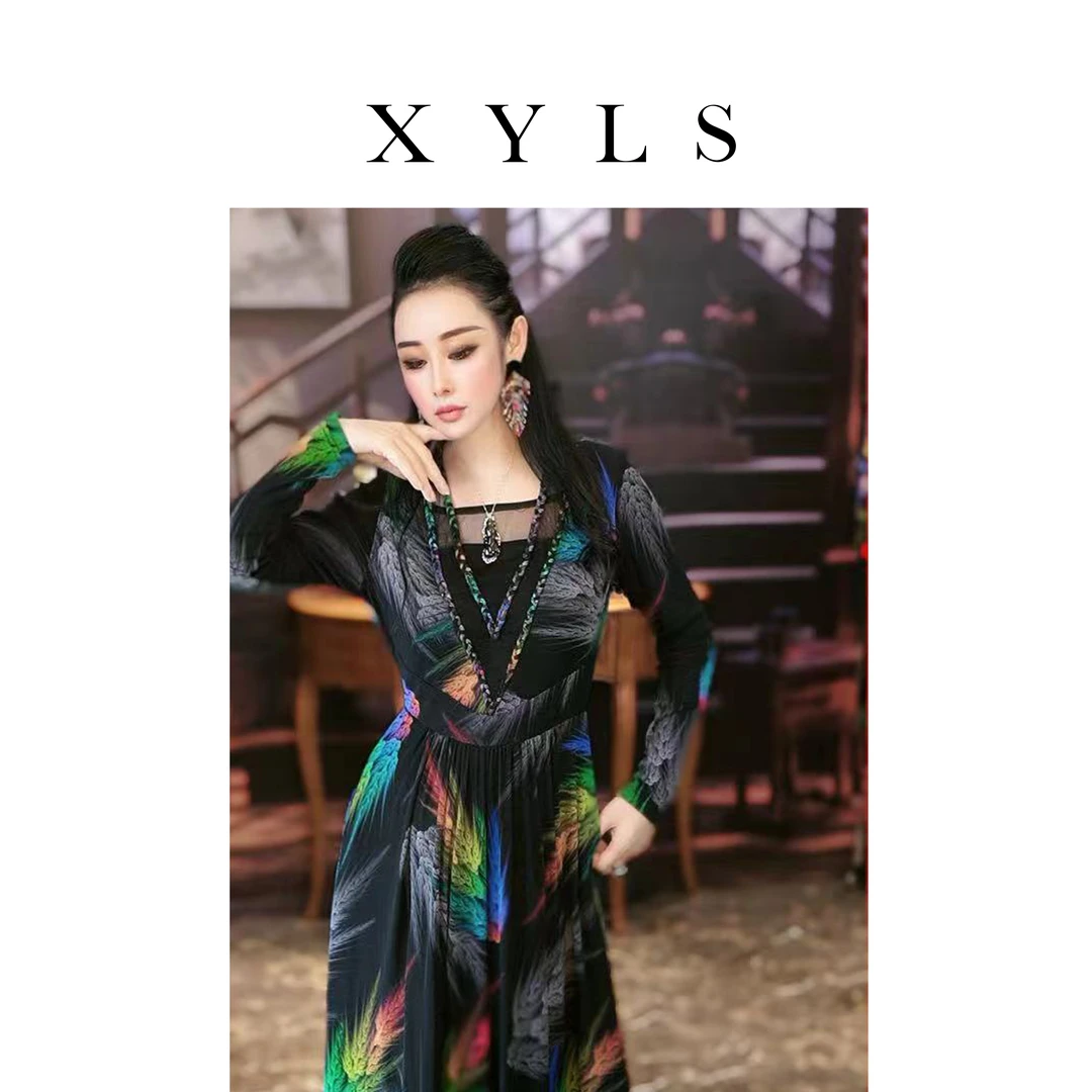 女装弹力网纱连衣裙秋冬复古T006192