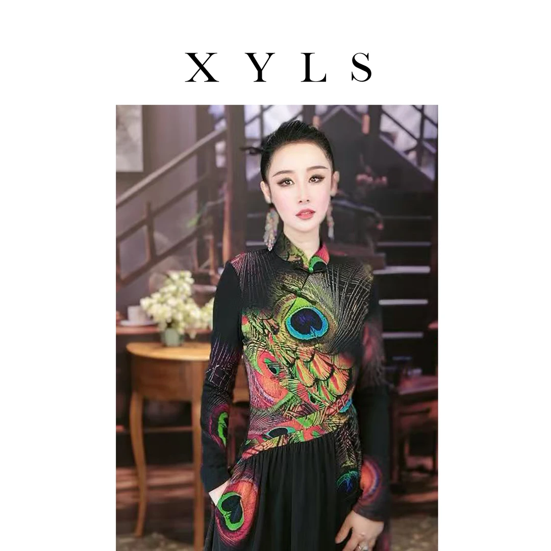 新中式孔雀花加绒弹力网纱连衣裙秋冬T006259