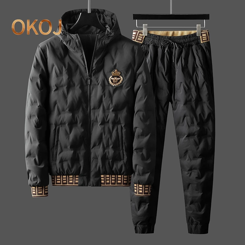 OKOJ羽绒服套装男士防风防寒保暖秋冬季新款中年连帽休闲运动套装