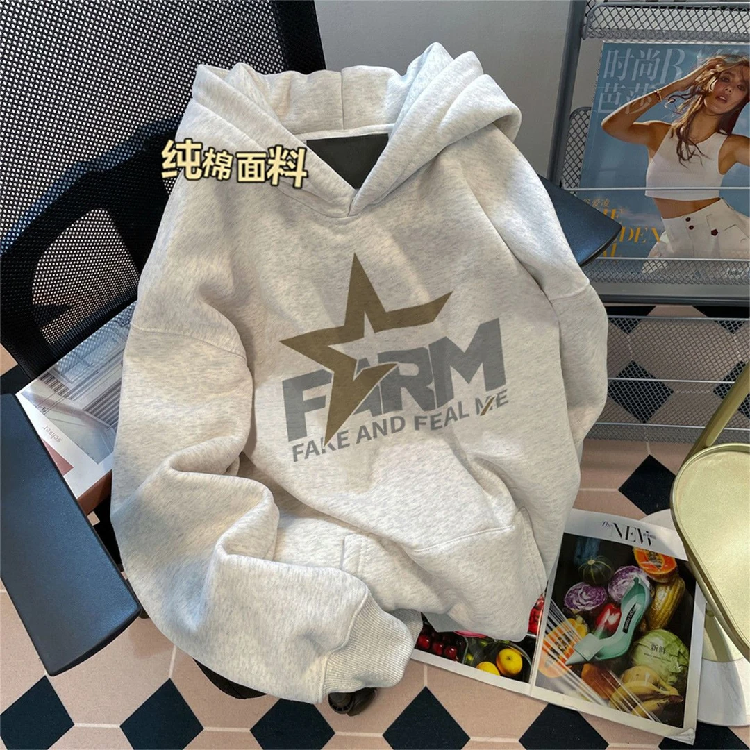 美式小众街头设计感星星字母纯棉连帽卫衣男女秋冬情侣款宽松外套