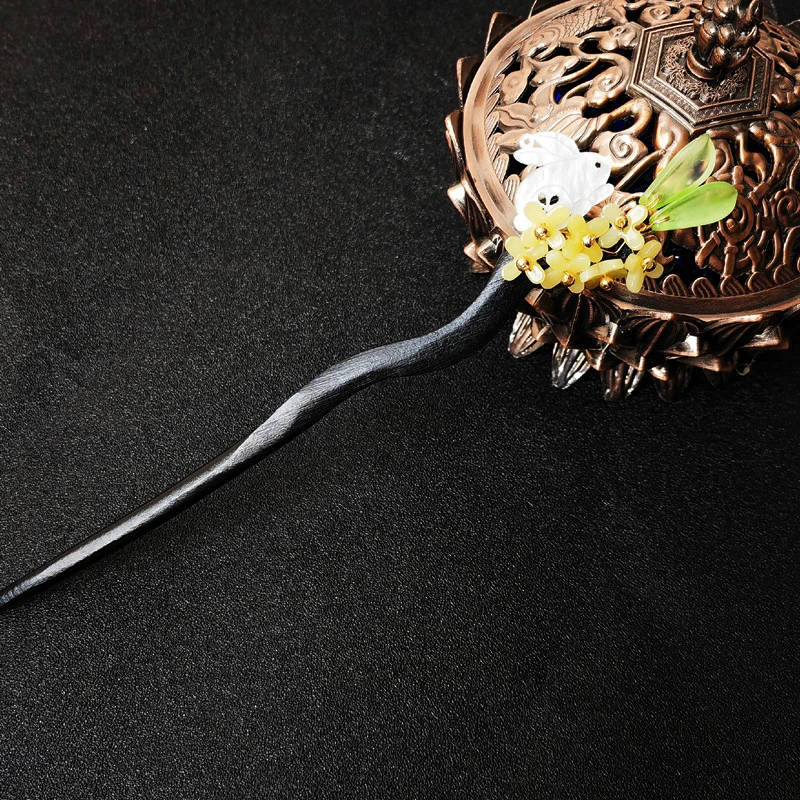 赵丽颖同款桂花兔盘发发簪新中式古风旗袍汉服配饰发钗清冷风木钗