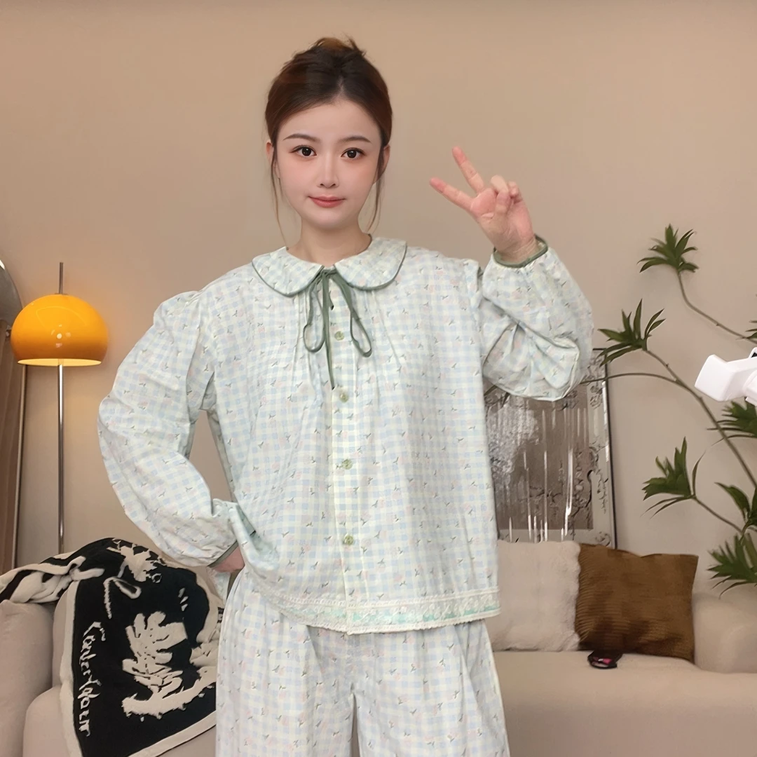 秋款纯棉睡衣印花宽松可爱女士长袖春秋季家居服套装两件套翻领棉