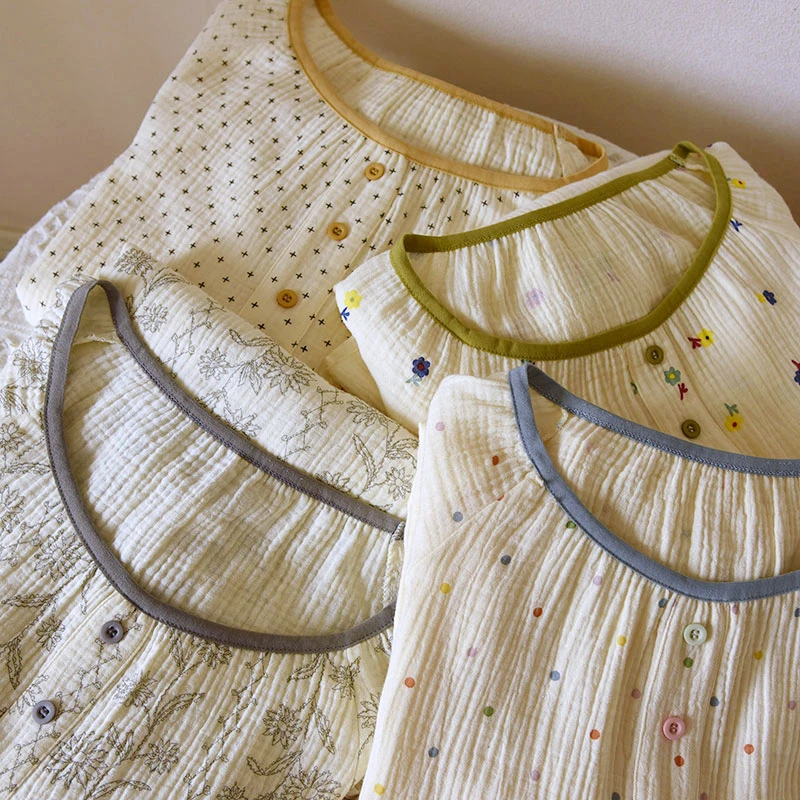 四季款长袖纯棉双层棉纱布睡裙中长款大码透气春夏宽松套头连衣裙