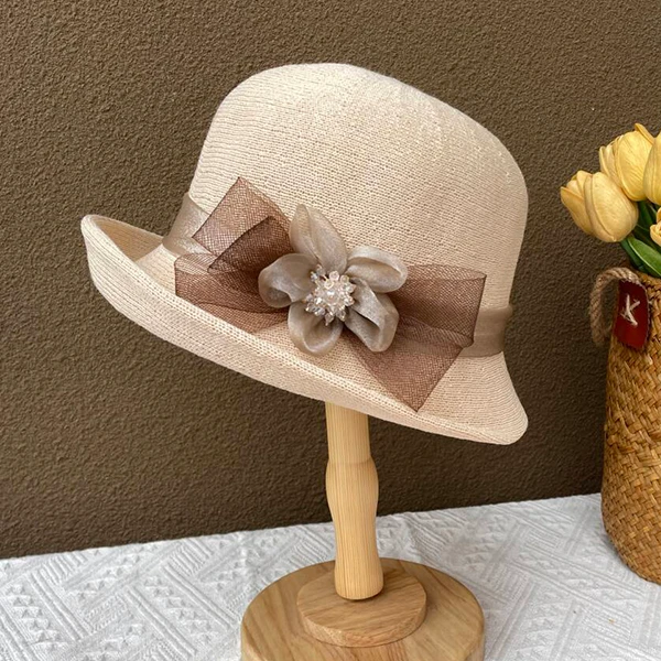 伴糖晓詹时尚手工花朵帽子女春夏新款防晒遮阳礼帽简约卷边渔夫帽