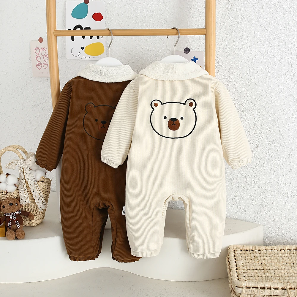 新款宝宝婴童秋冬款灯芯绒小熊加绒双层加厚婴幼儿连体哈衣保暖