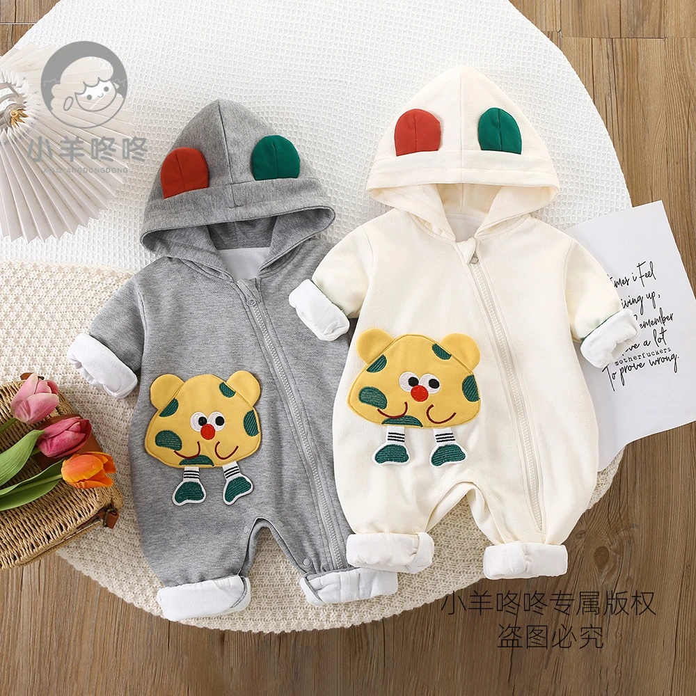 春秋季新款双层婴幼儿兔耳朵立体奶酪斜开拉链连帽宝宝衣服童装
