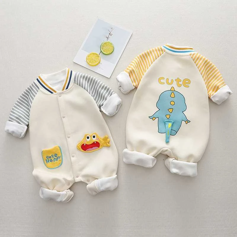 【加绒】春秋季新款卡通恐龙拼袖洋气圆婴儿幼儿长袖宝宝衣服童装