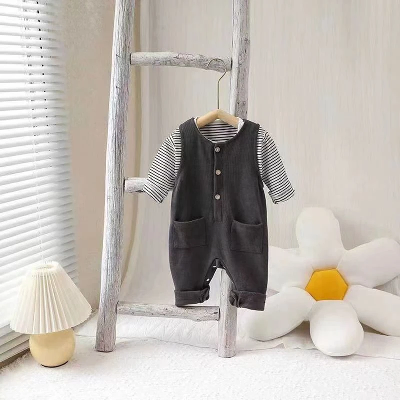 春秋款婴童长袖装韩版洋气条纹背带宽肩连体衣长爬两件套装婴儿