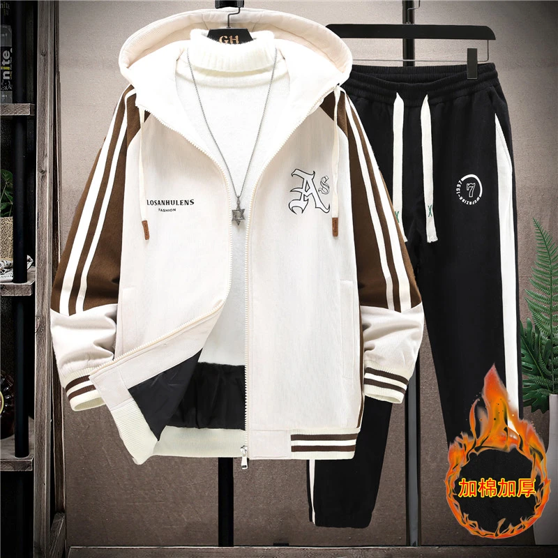 2023秋冬季加棉加厚棉衣夹克男套装初中高加棉加厚外套男上衣裤子