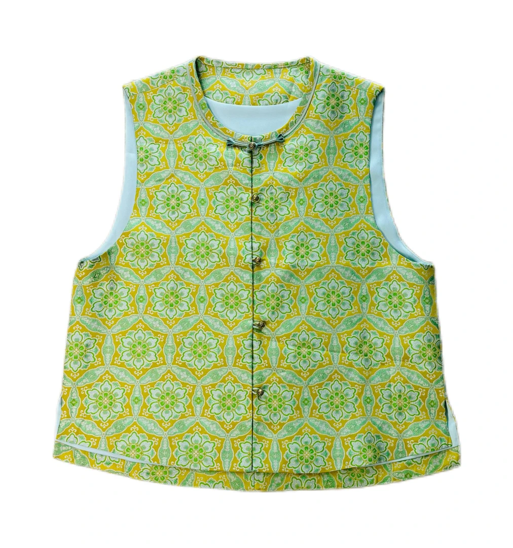 【云舞香纱】陆美英柠檬青金宝相花织金圆新中式宋锦马甲夏季马夹