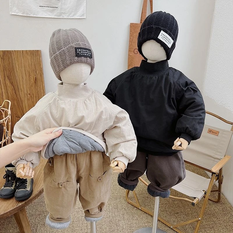 一件过冬~2023冬韩版中小童加棉加厚卫衣男女童高领套头衫