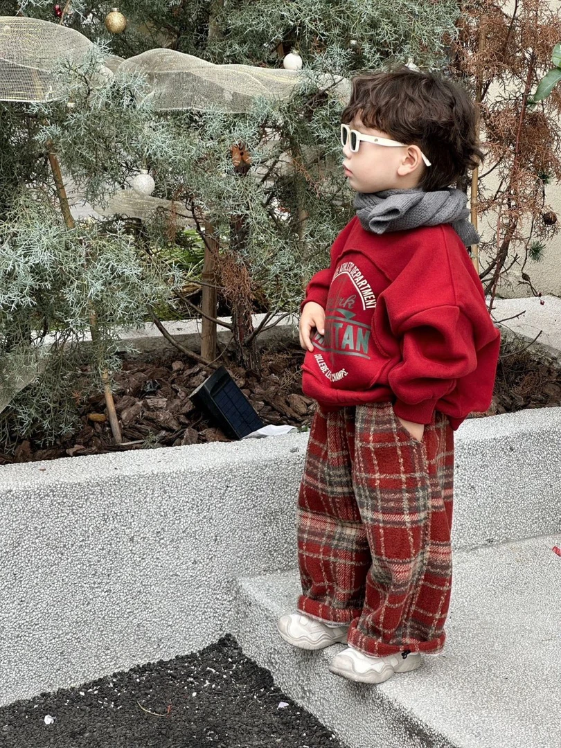 儿童新款秋冬加绒一体绒休闲套装小童圣诞套装男女宝拜