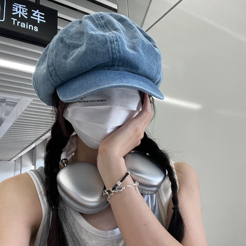 TUshu/鞠式清冷牛仔贝雷帽～日系复古大版云朵帽显脸小八角帽子女