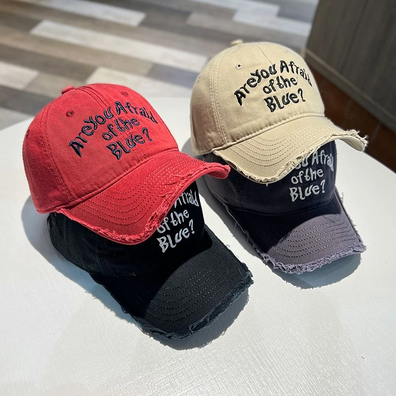 复古毛边磨破棒球帽子男女韩版街头穿搭弯檐鸭舌帽夏季遮鸿欢