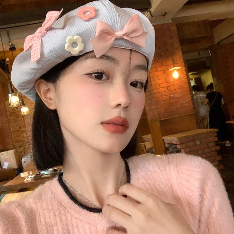 蝴蝶结云朵感奶油贝雷帽透气显脸小少女可爱大版画家帽大头围百搭