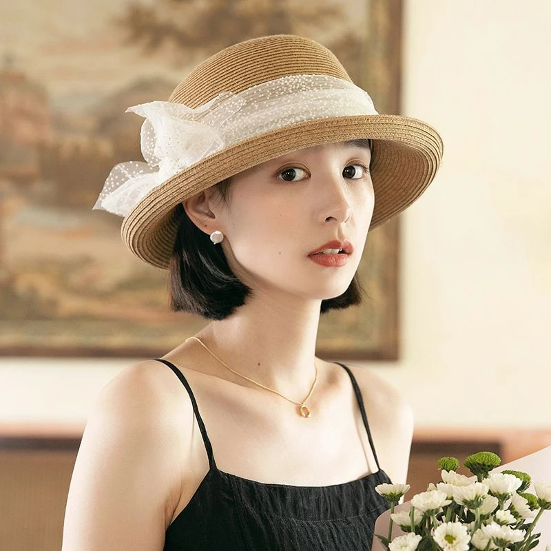 气质帽子法国小众草帽女夏季蕾丝遮阳防晒帽日系百搭遮脸卷边草编