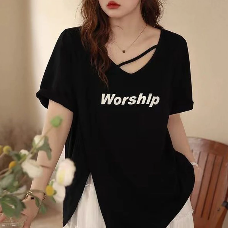 加大300斤可穿 开叉字母百搭印花短袖T恤夏季胖MM上衣打底显瘦