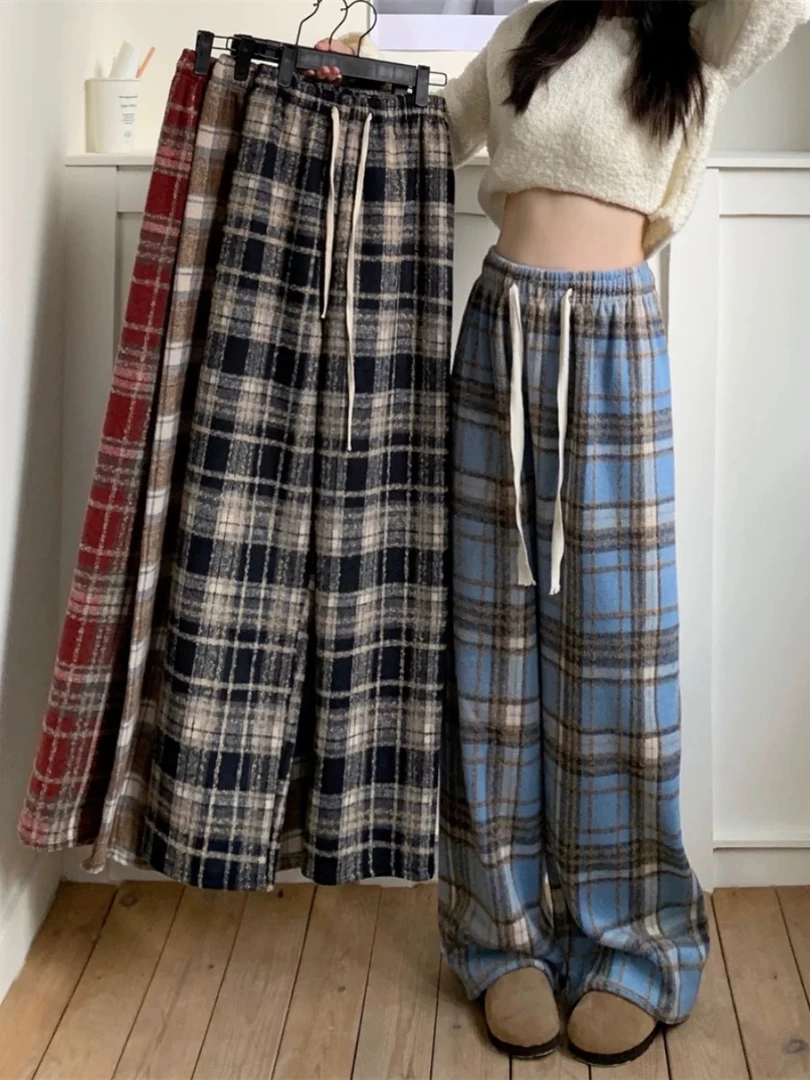 064毛呢格子裤复古加绒休闲裤女秋季松紧腰宽松阔腿裤拖地裤长裤