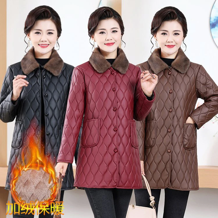 新款时尚百搭中长款皮衣中老年加绒加厚保暖冬季妈妈装