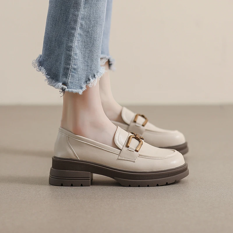 品牌2024年春秋新款粗跟乐福鞋女厚底一脚蹬单鞋英伦风小皮鞋女