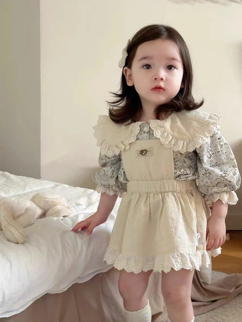 ins款秋季新款婴幼儿碎花翻领长袖哈衣女公主包屁衣背带裙两件套