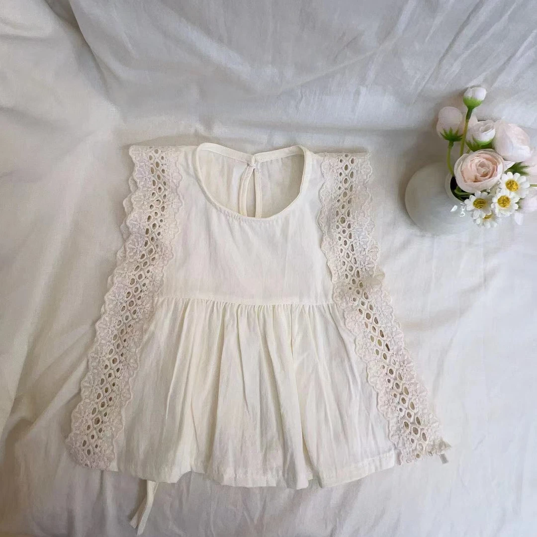 ins女宝宝纯棉韩系马甲花边高级感上衣套装