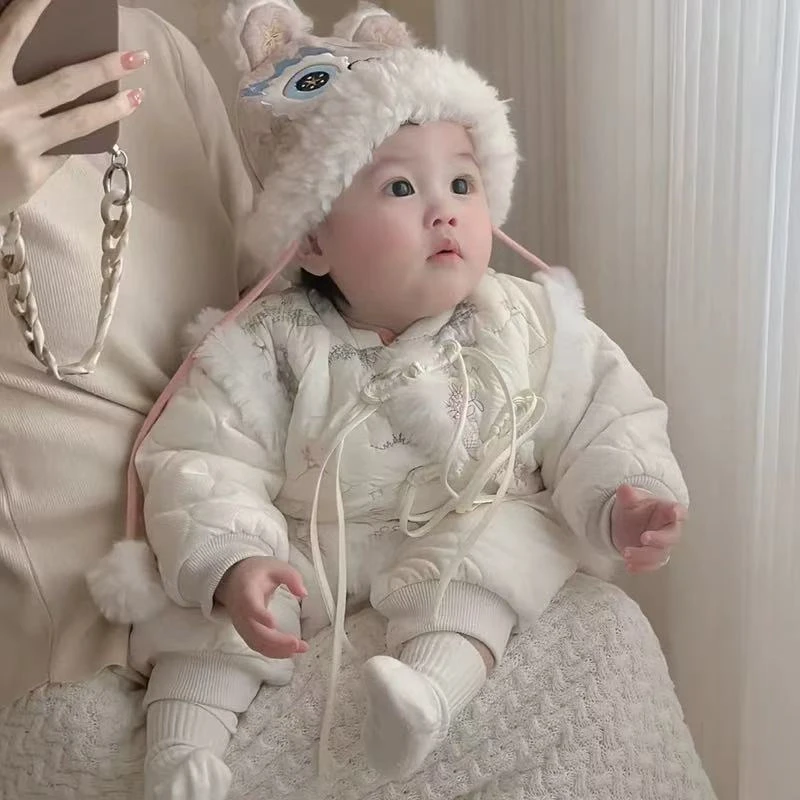 【江南人家】女宝宝国风假两件拜年服加绒加棉周岁白天连体衣外出服