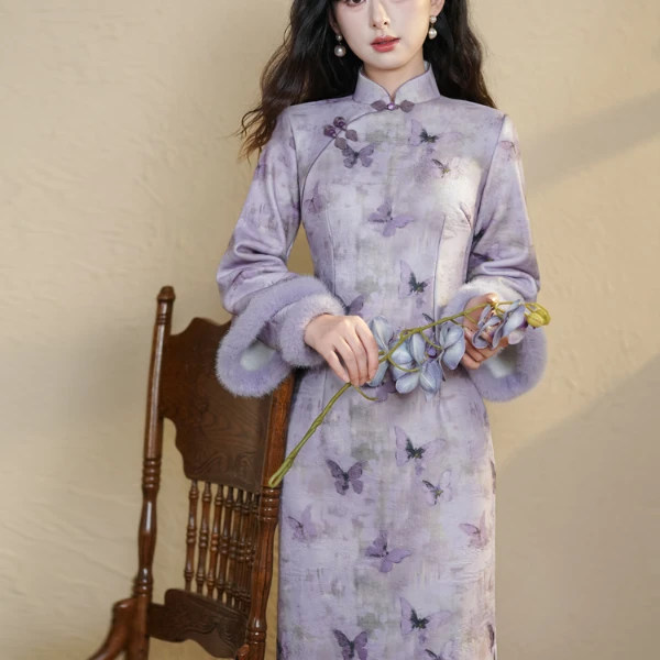 蜘蛛精风蝴蝶印花长袖紫色旗袍冬季加绒加厚2025新款新中式改良