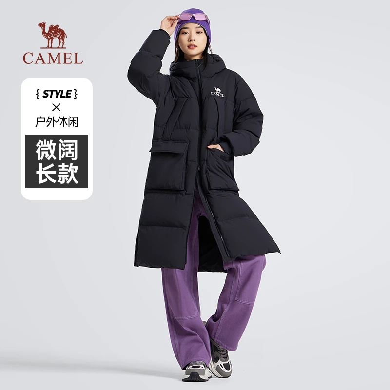 骆驼冬季长款过膝连帽保暖羽绒服加厚防风时尚情侣户外三防外套