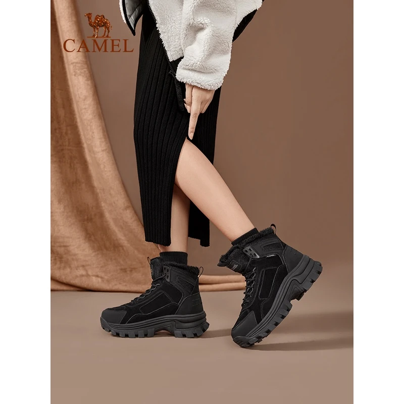 骆驼女鞋新款时尚加绒保暖棉鞋厚底休闲鞋中筒短靴子女A14693615