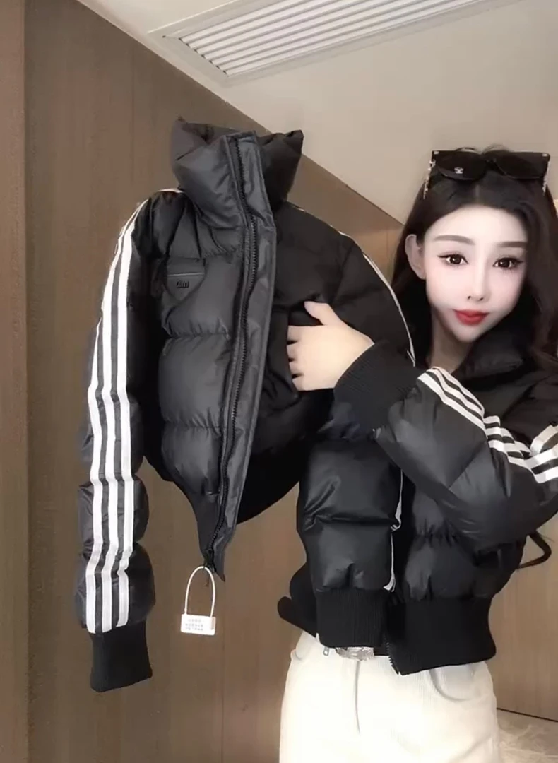 美式立领三条杠短款棉服加厚女2024冬季新款休闲时尚百搭保暖外套