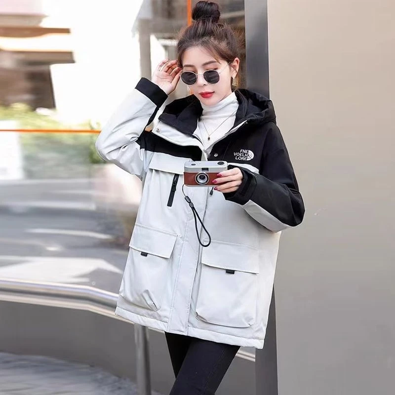 冲锋衣女2023冬季新款韩版户外工装撞色加厚保暖派克服外套大衣潮