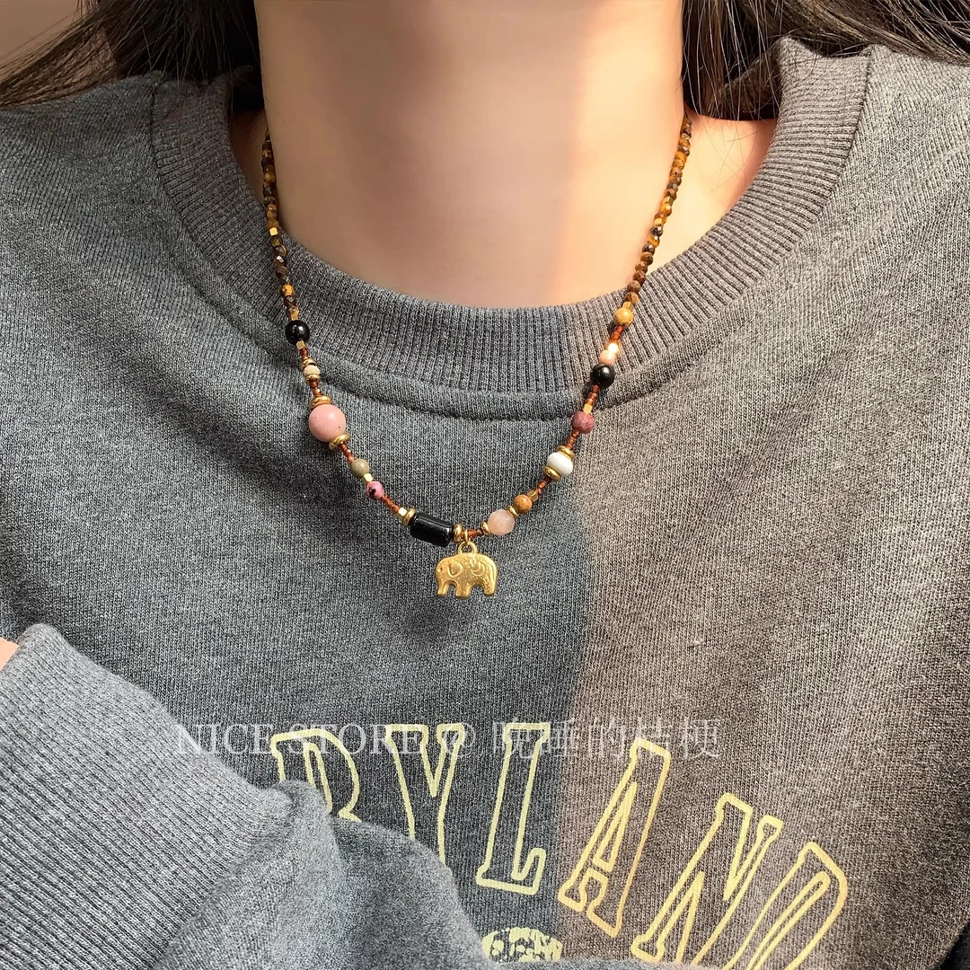 合金项链 晚睡的桔梗「粉雾动物园」中古小象新中式项链百搭毛衣链