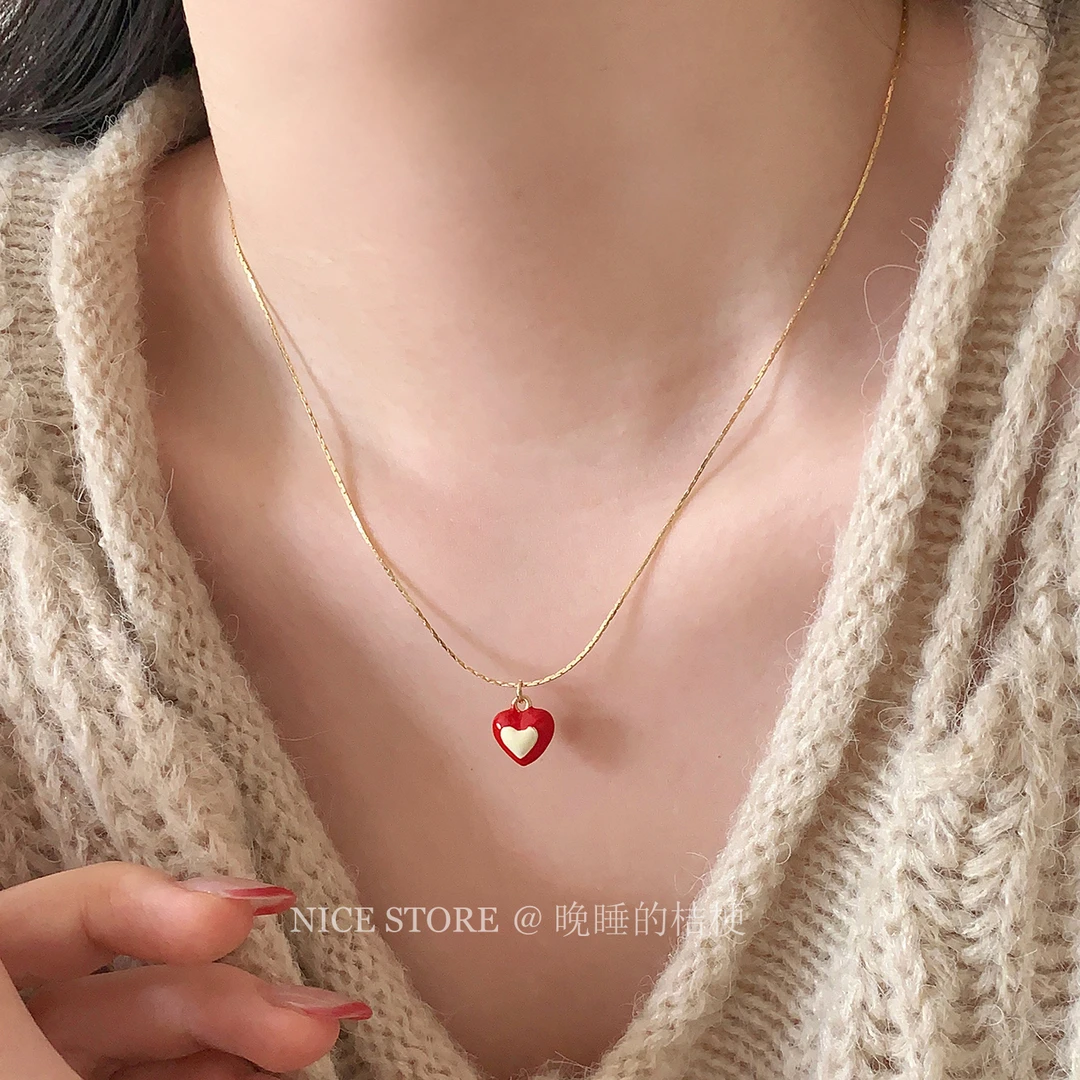 合金项链 晚睡的桔梗「丝绒奶油」ins复古安可拉红时尚爱心高级颈链
