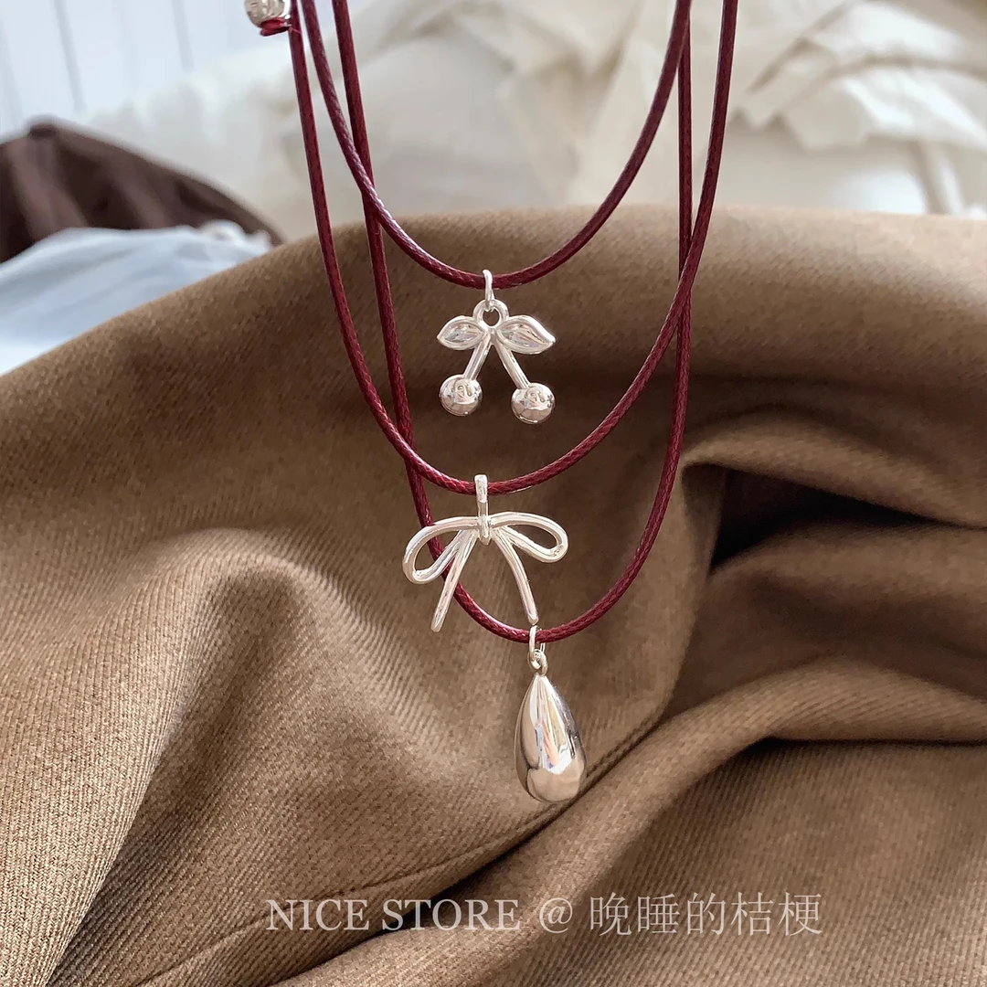 合金项链 晚睡的桔梗「朱樱槿」韩系时尚安可拉红小众设计感毛衣链