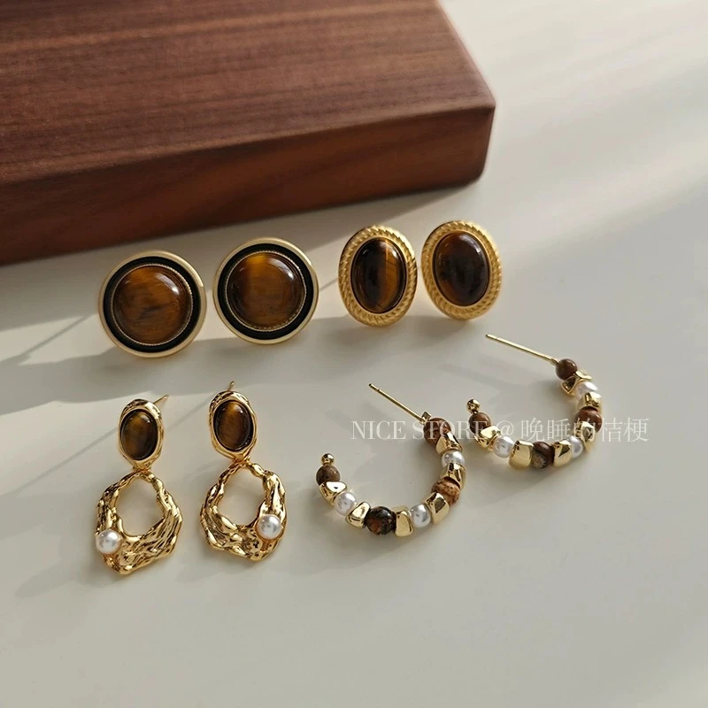 合金耳饰 晚睡的桔梗｜法式复古虎石耳环高级感美拉德棕色耳饰