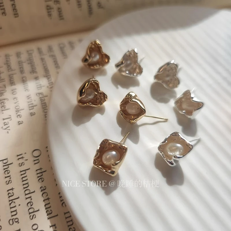 合金耳饰 晚睡的桔梗｜ins不规则金属爱心淡水气质耳钉高级感百搭