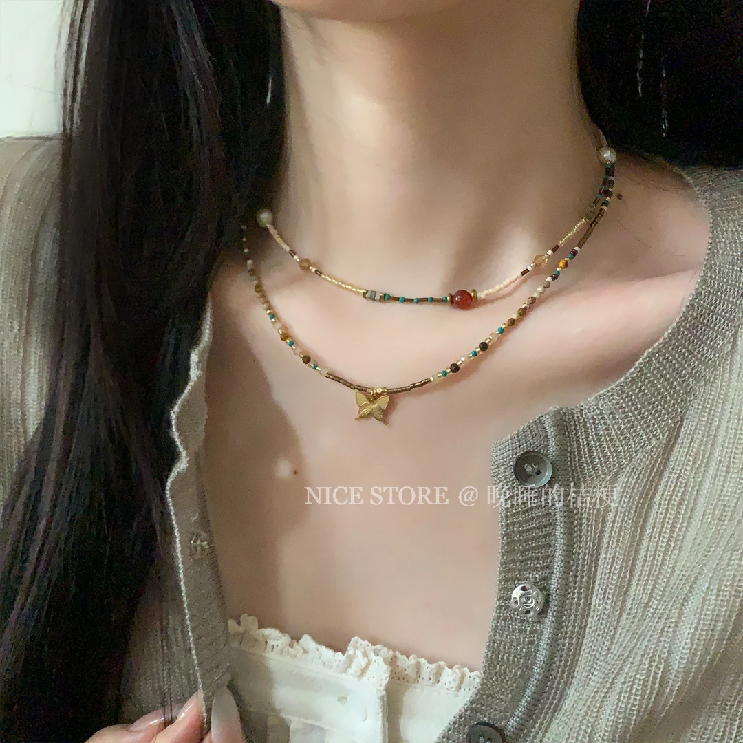 合金项链 晚睡的桔梗「金风玉露」新中式蝴蝶吊坠叠戴项链