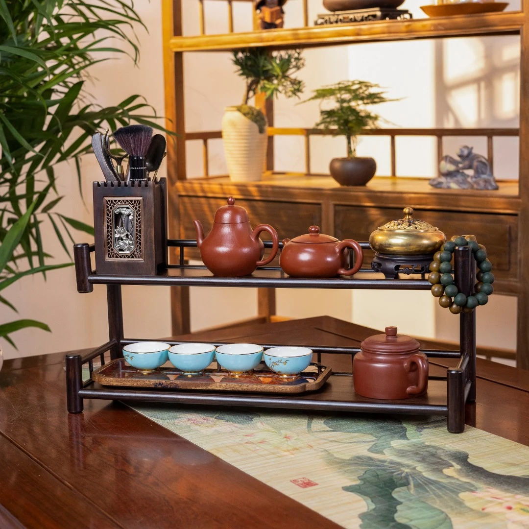 【步步高升】精品楠竹深色两层茶具博古架茶壶茶杯置物架
