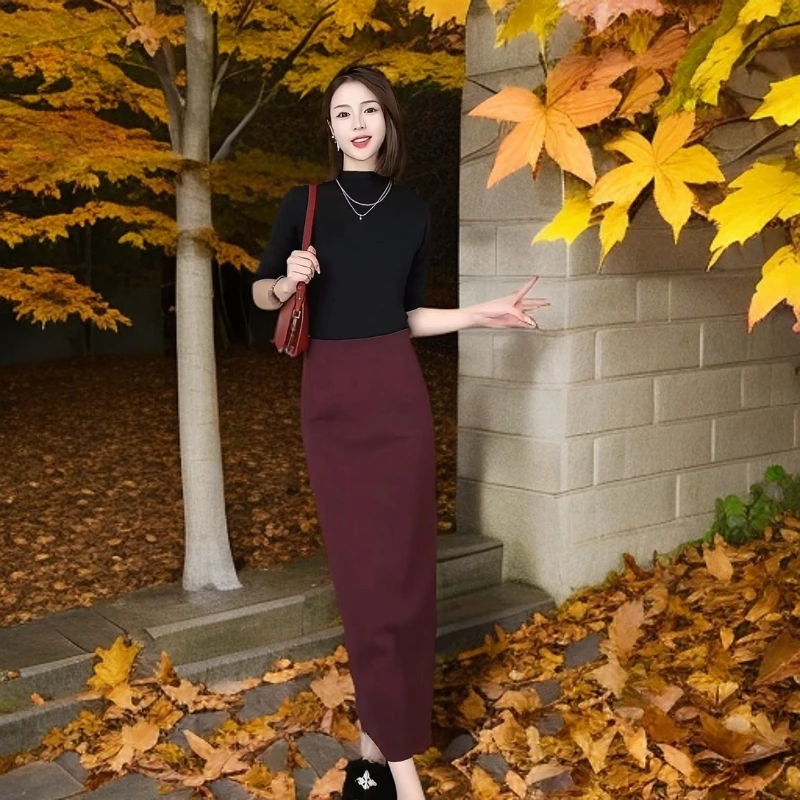 2024秋新款优雅高腰【裙长90/后叉】A字长裙女秋冬直筒显瘦包臀裙